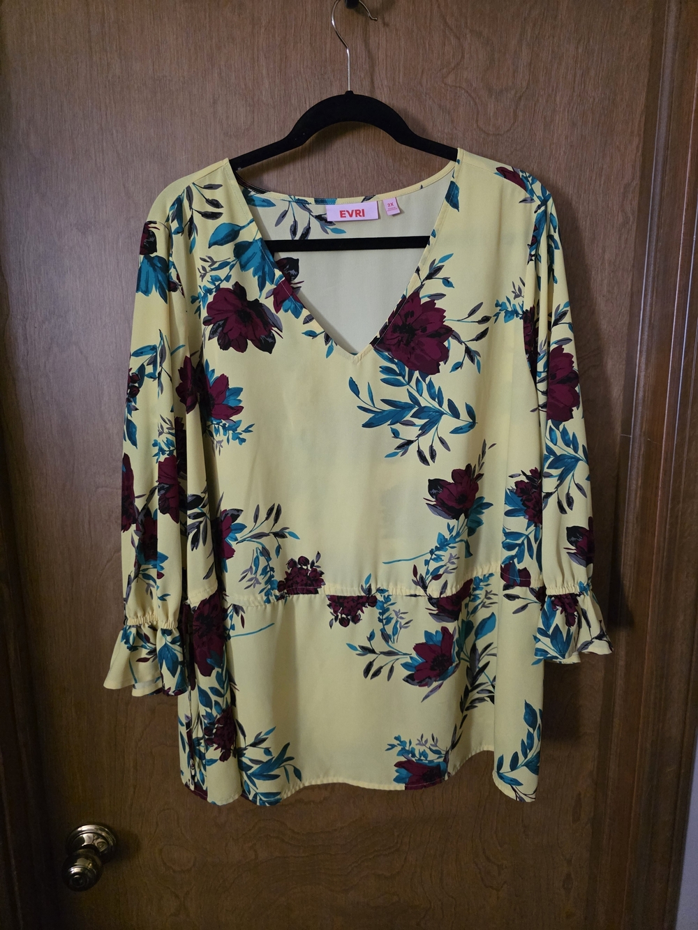 EVRI Yellow Floral V-Neck Peplum Blouse